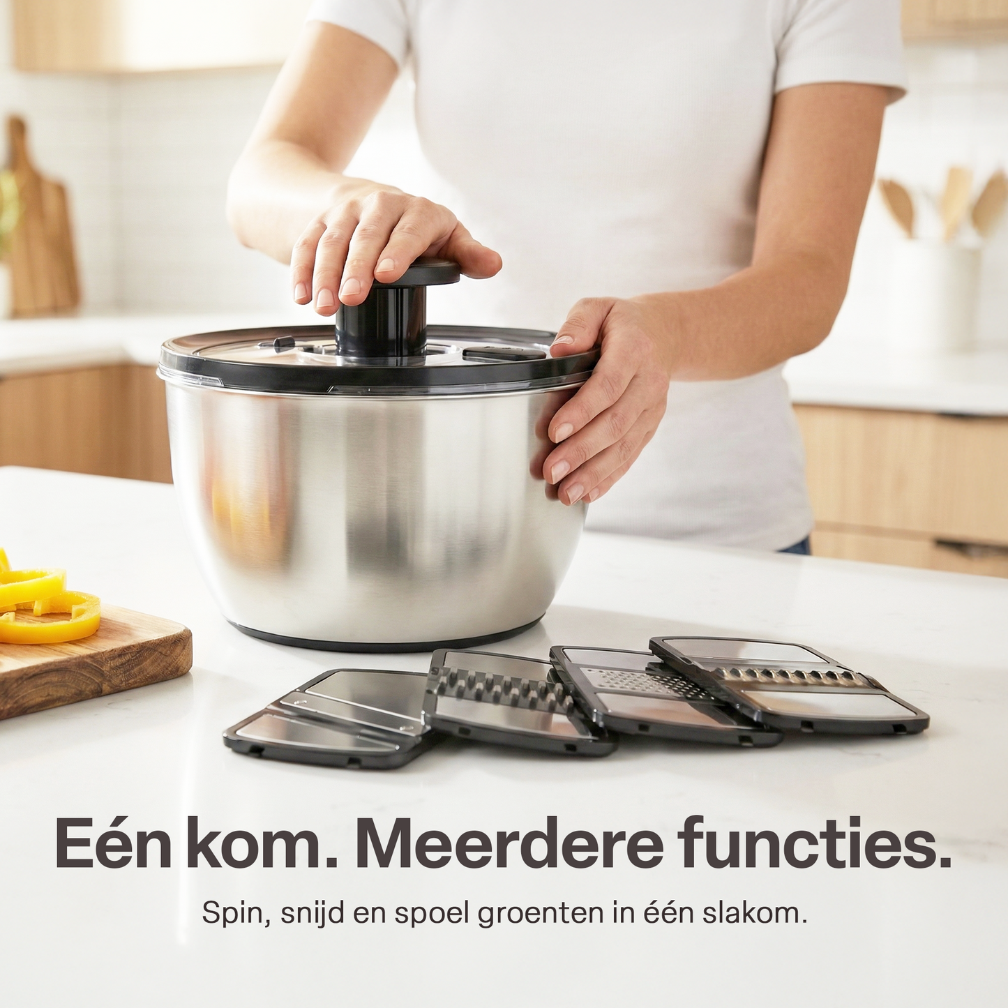 Chefino All In - Slacentrifuge RVS 5L met Snij- en Raspmessen – Salade Spinner – Sladroger – Slakom met Mandoline – Groentesnijder – Julienne Snijder – RVS Mengkom