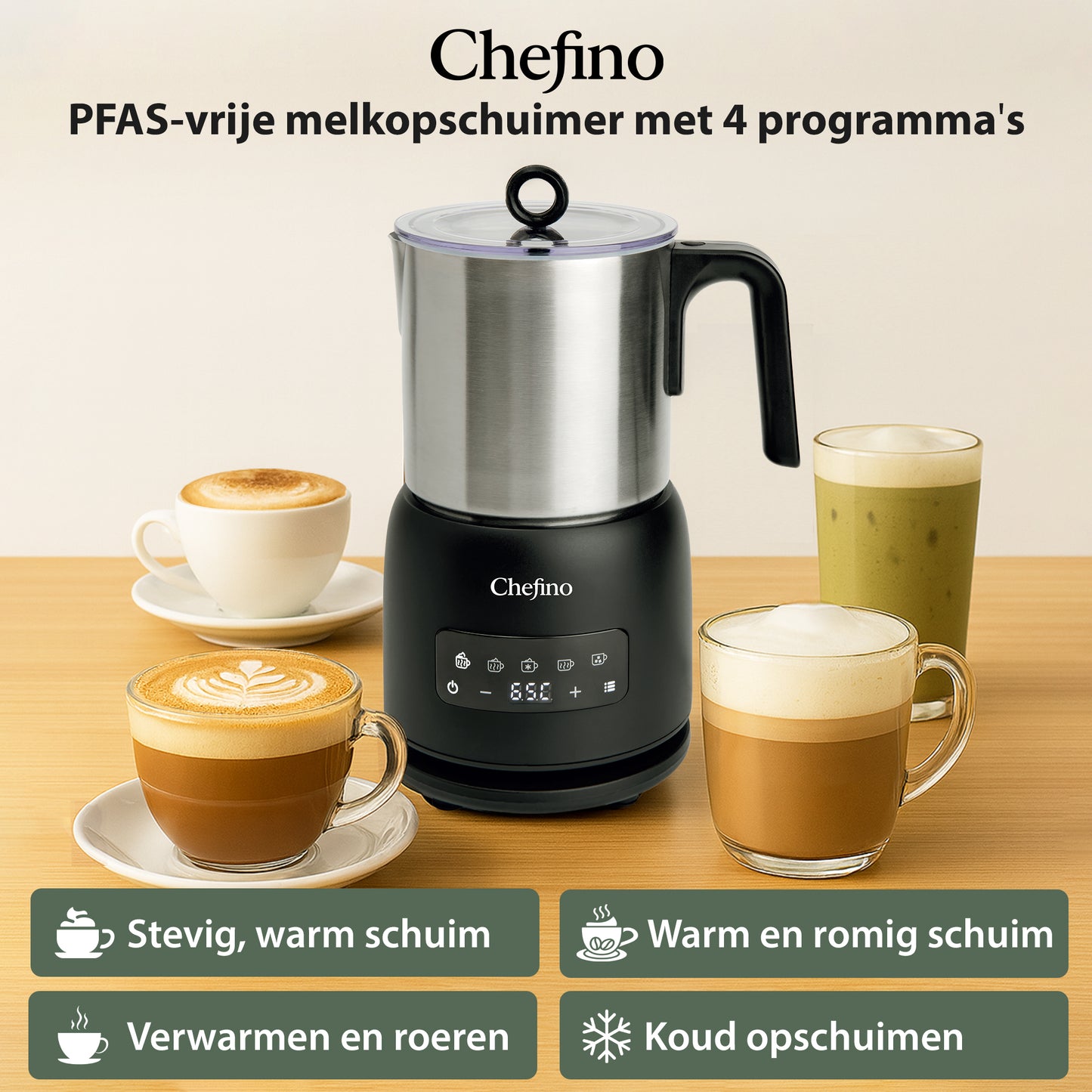 Chefino Melkopschuimer 4-in-1 – RVS – Vaatwasbestendig