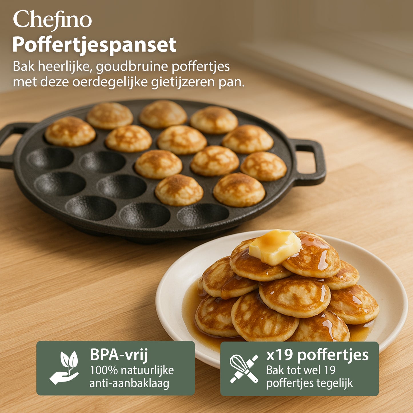 Chefino Poffertjespan Gietijzer 24 cm – 19 Poffertjes – Inductie & Oven