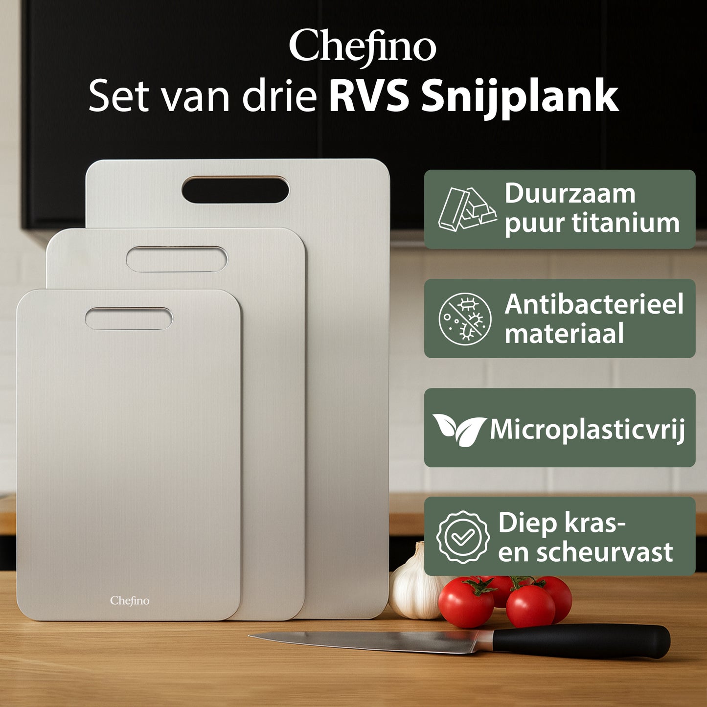 Chefino Titanium Snijplanken Set 3-delig – Antibacterieel & Krasvast