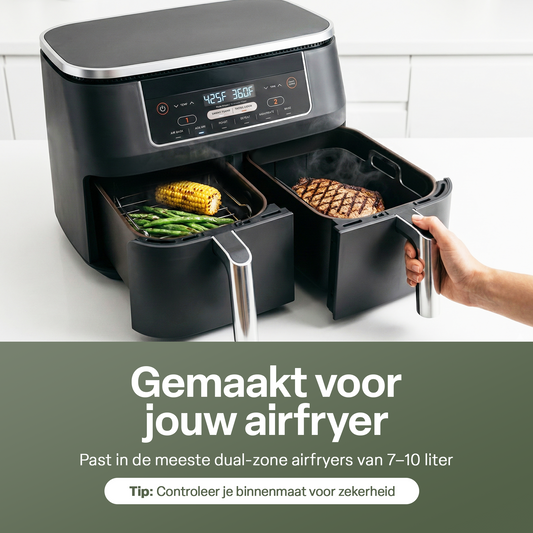 Airfryer Accessoireset 10-delig – Siliconen Bakjes, RVS Rekken, Spiesenrek, Tang, Spatel & Bakkwast – Geschikt voor Dual Zone Airfryer 7-10L – Vaatwasserbestendig & Hittebestendig 230°C