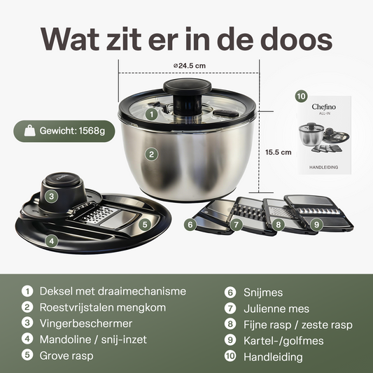Chefino All In - Slacentrifuge RVS 5L met Snij- en Raspmessen – Salade Spinner – Sladroger – Slakom met Mandoline – Groentesnijder – Julienne Snijder – RVS Mengkom