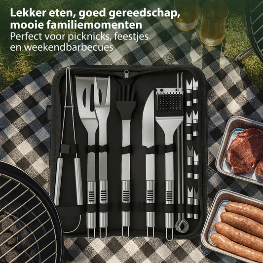 Chefino BBQ Accessoires Set – 21-delig BBQ Pakket – Compleet RVS Barbecue Accessoires met Draagtas – Roestvrijstaal Kamado Accessoires