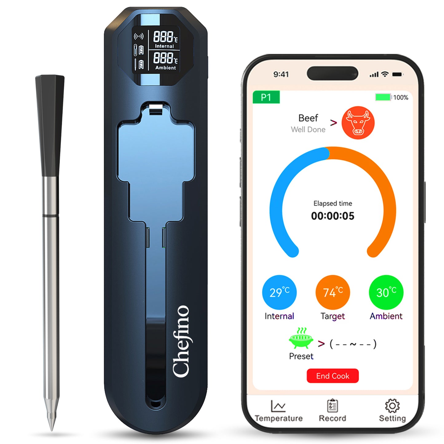 Chefino Draadloze Vleesthermometer – Bluetooth – App – 250m Bereik