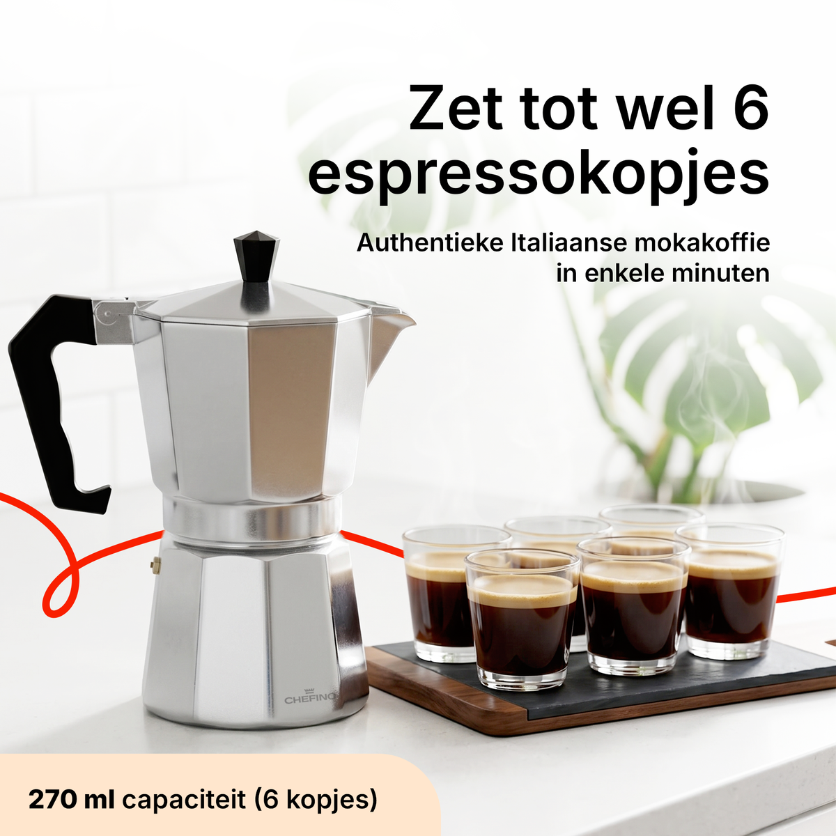 Chefino Percolator 6 Kops – Moka Pot 270 ml – Aluminium Espressomaker