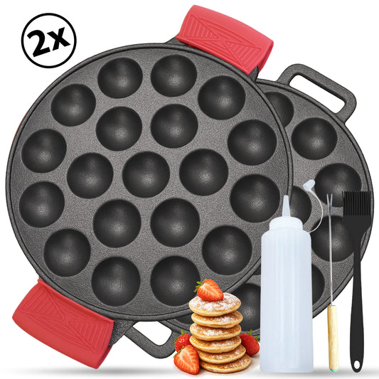 Chefino Poffertjespan Set 2-delig – Gietijzer – 38 Poffertjes – Ø24 cm