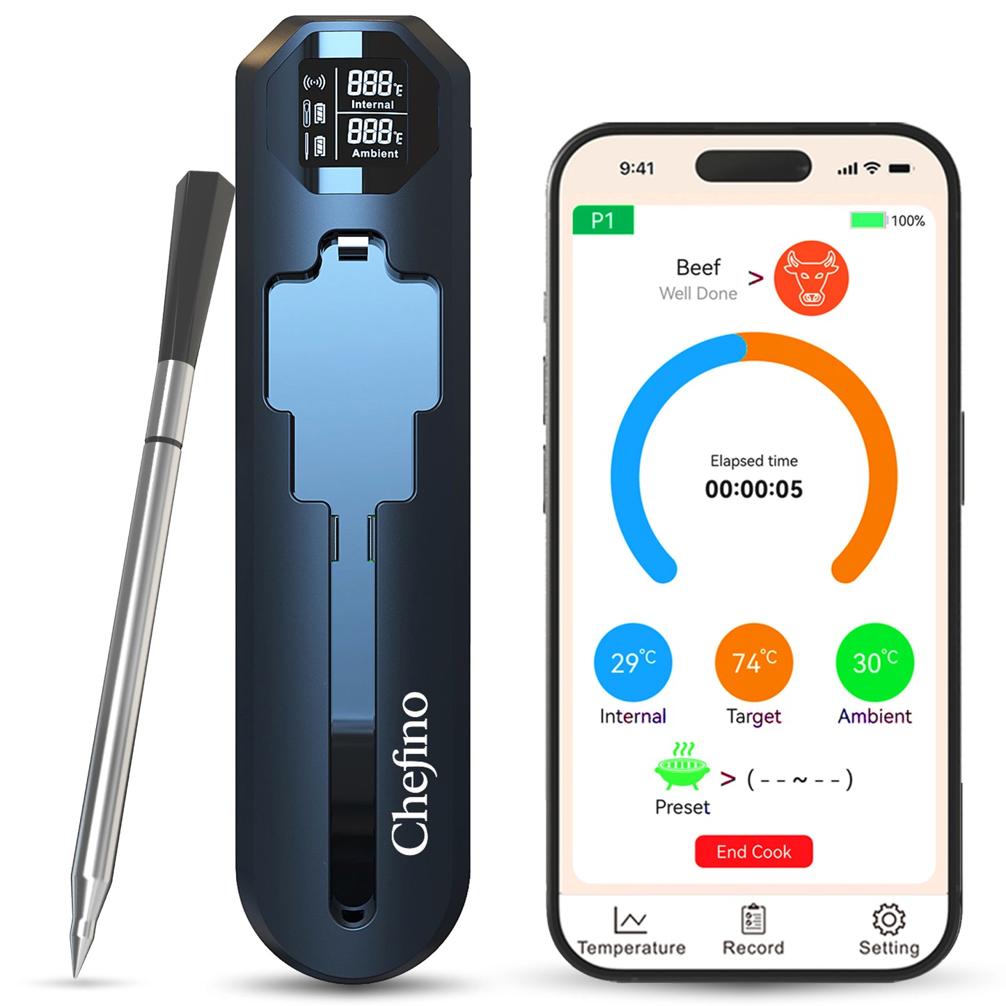 Chefino Draadloze Vleesthermometer – Bluetooth – App – 250m Bereik