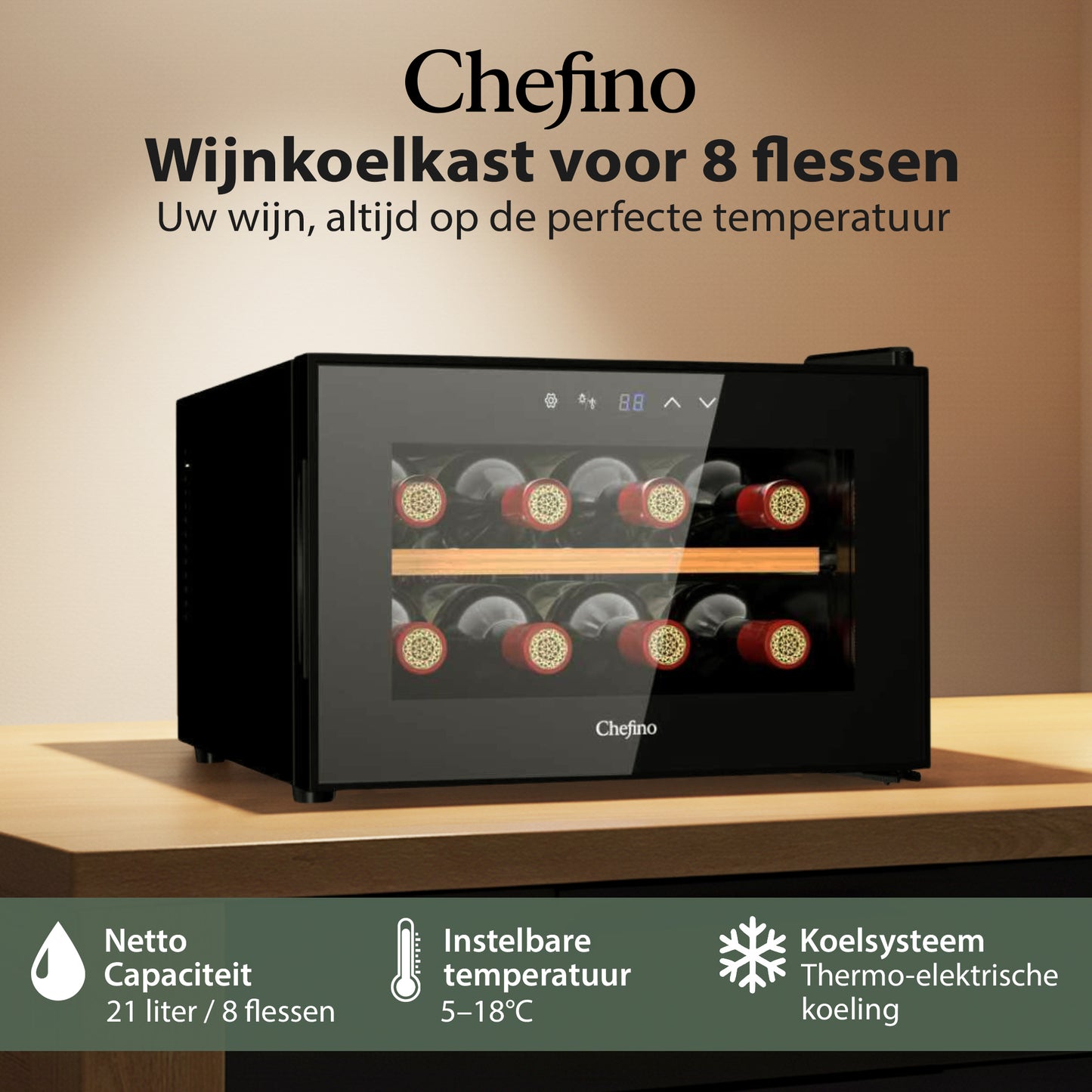 Chefino Wijnkoelkast 8 Flessen – 5-18°C – Compacte Wijnklimaatkast – Zwart