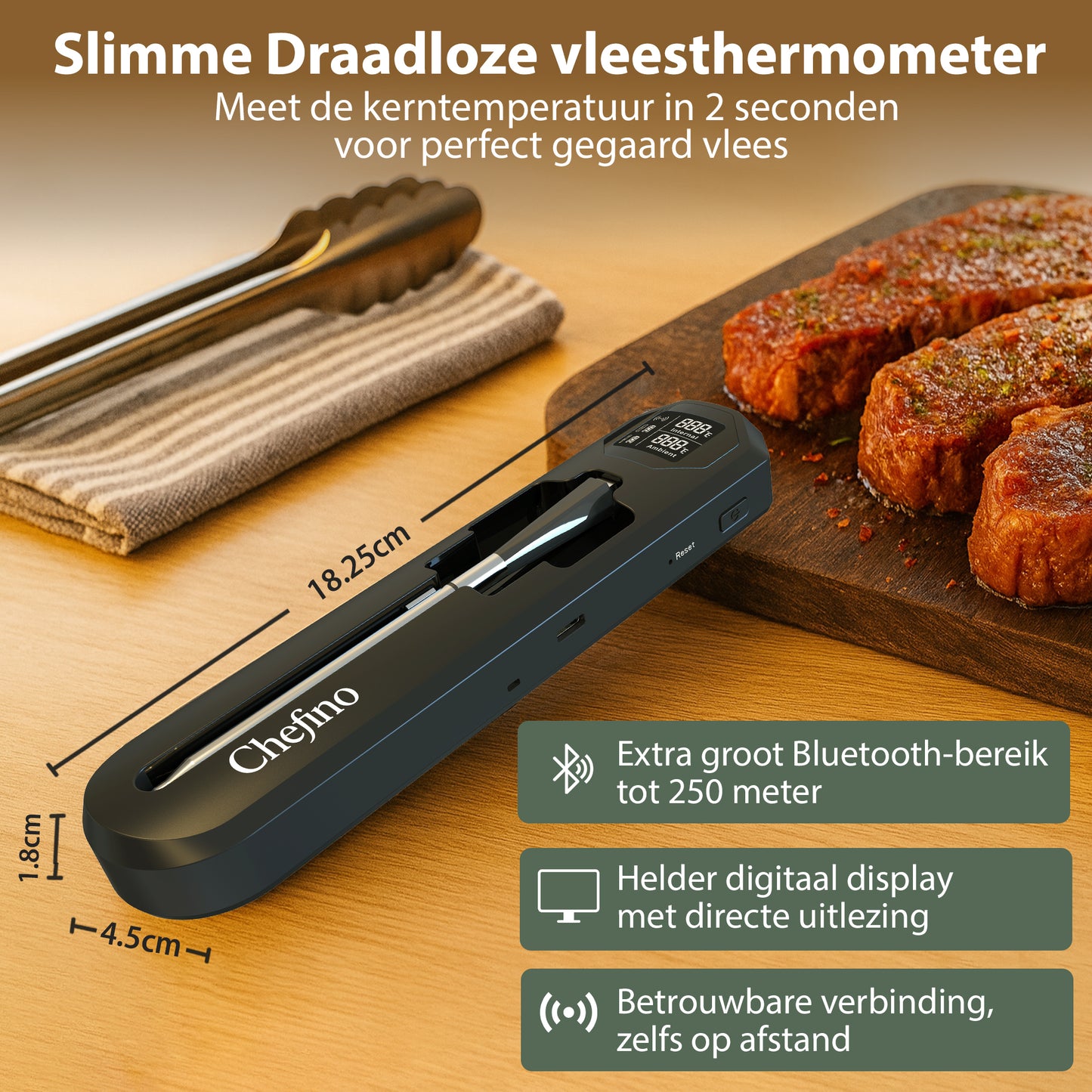 Chefino Draadloze Vleesthermometer – Bluetooth – App – 250m Bereik