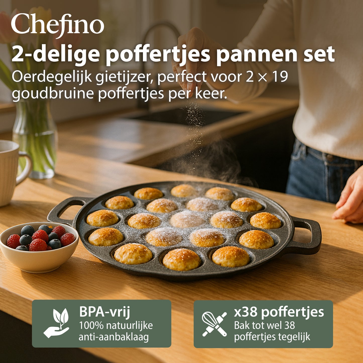 Chefino Poffertjespan Set 2-delig – Gietijzer – 38 Poffertjes – Ø24 cm