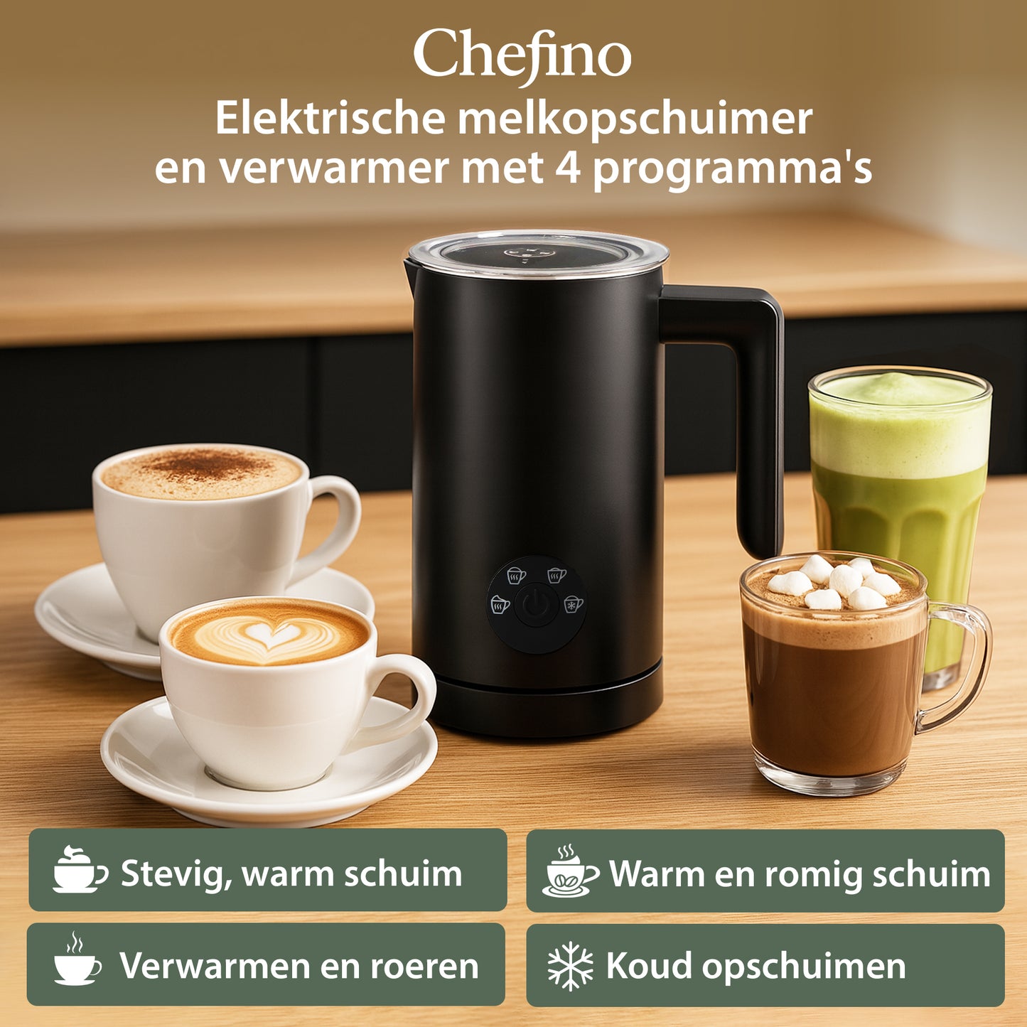 Chefino Melkopschuimer Elektrisch – 4 Programma’s – Zwart