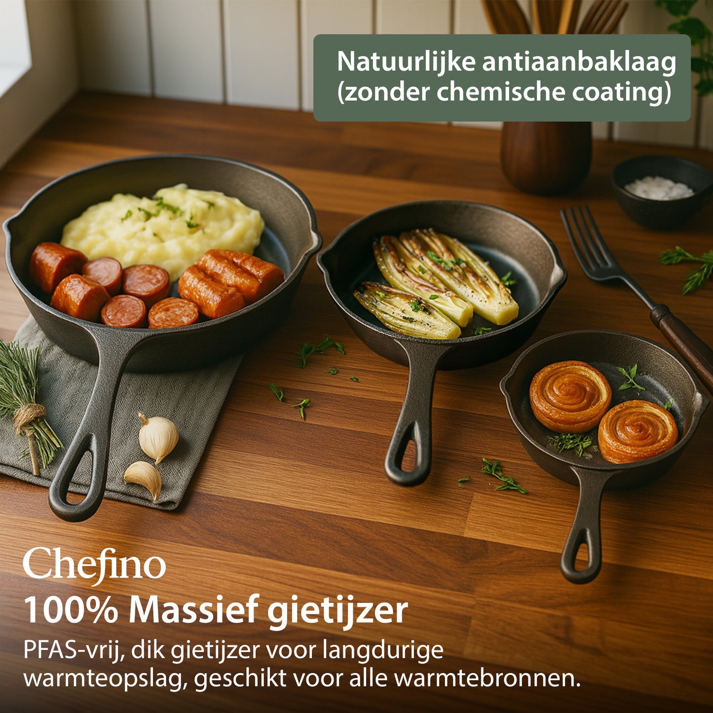 Chefino Gietijzeren Pannenset 3-delig – Skillet Set – Inductie & Oven