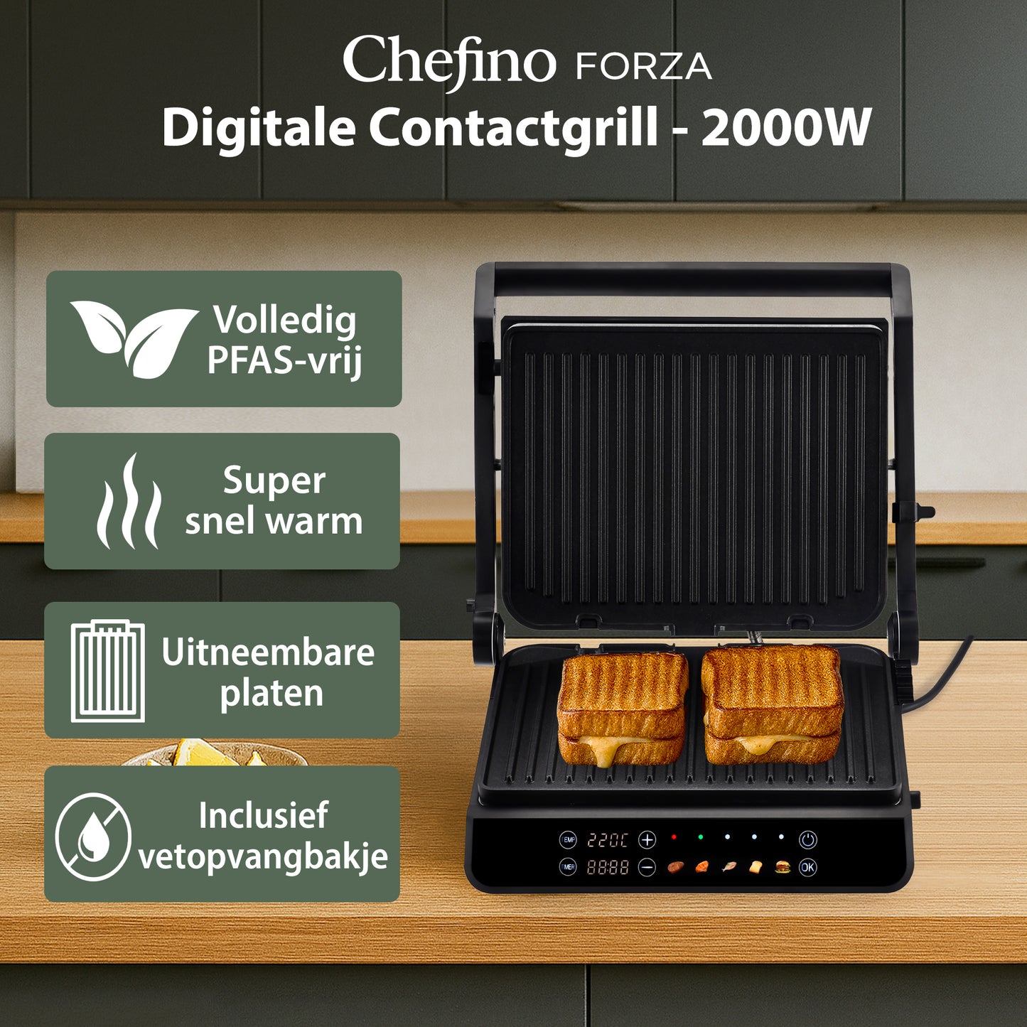 Chefino Contactgrill XL 2000W – PFAS-vrij – Uitneembare Platen – 180°