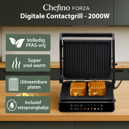 Chefino Contactgrill XL 2000W – PFAS-vrij – Uitneembare Platen – 180°