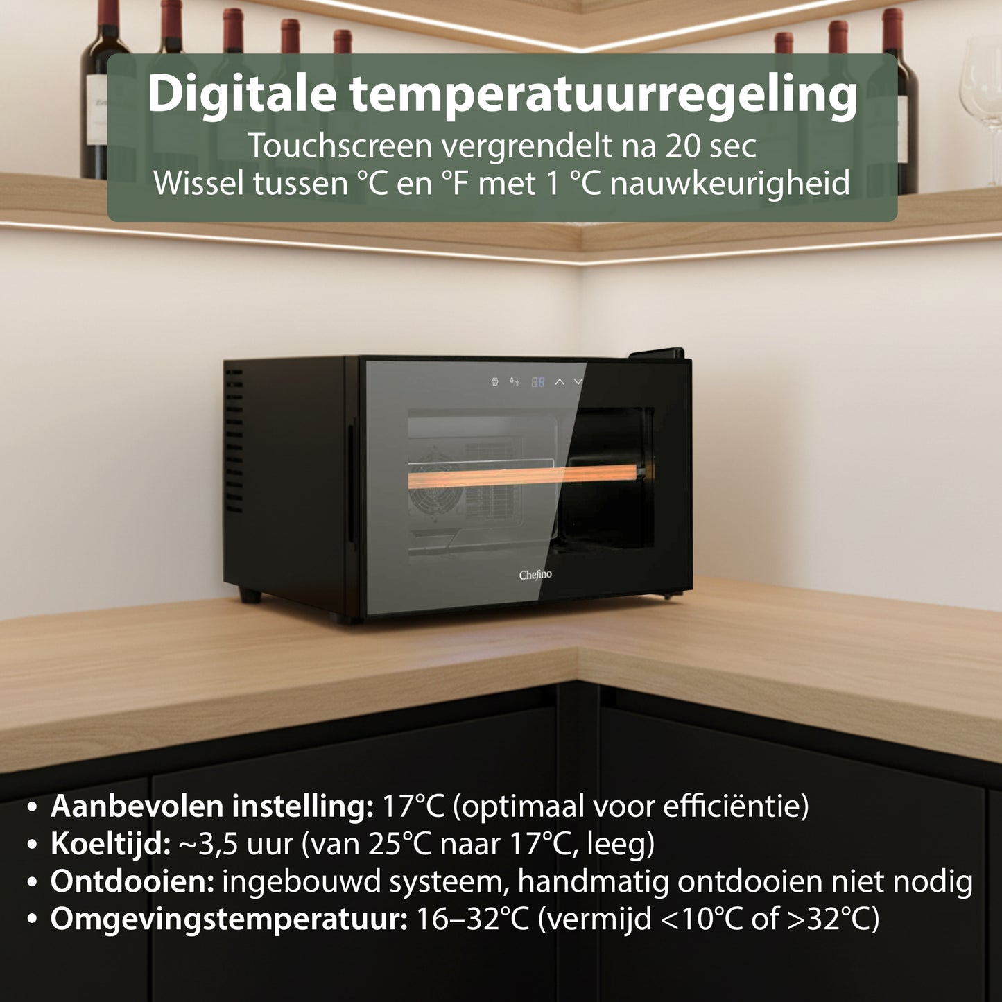 Chefino Wijnkoelkast 8 Flessen – 5-18°C – Compacte Wijnklimaatkast – Zwart