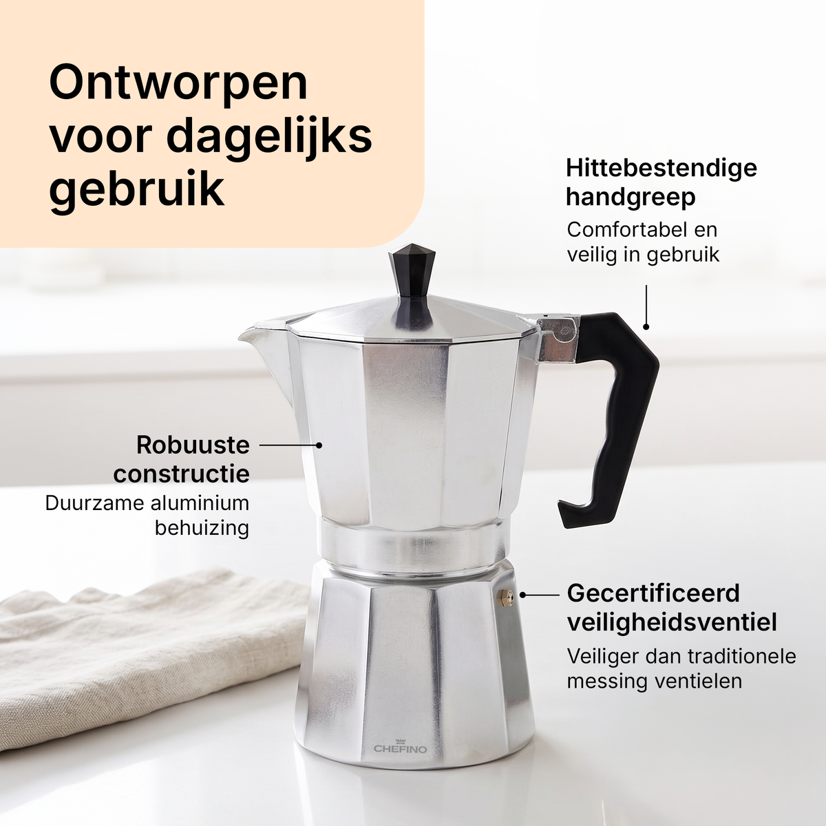 Chefino Percolator 6 Kops – Moka Pot 270 ml – Aluminium Espressomaker