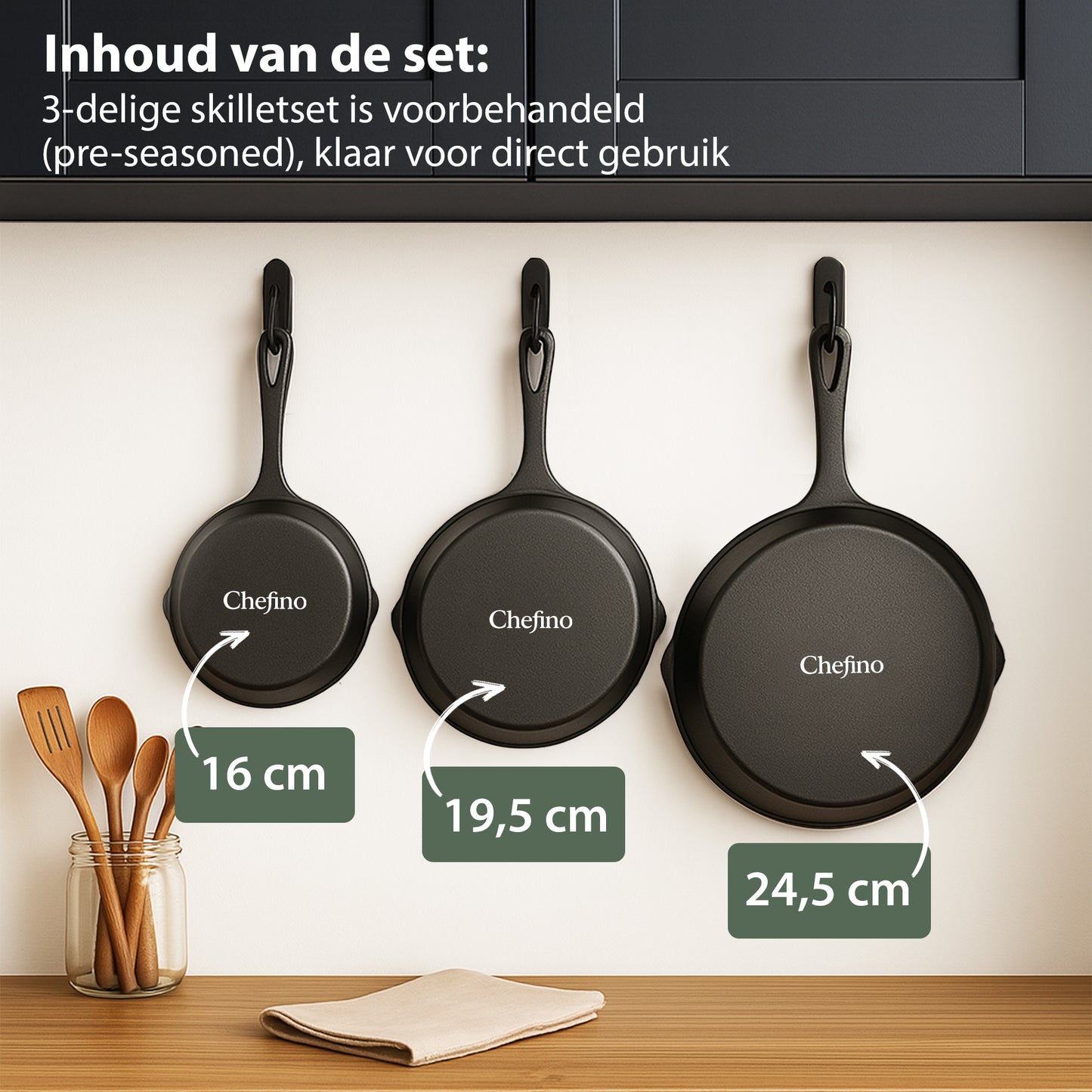 Chefino Gietijzeren Pannenset 3-delig – Skillet Set – Inductie & Oven