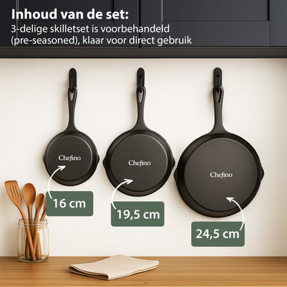 Chefino Gietijzeren Pannenset 3-delig – Skillet Set – Inductie & Oven