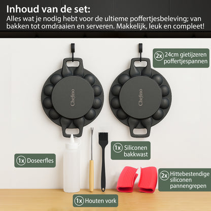 Chefino Poffertjespan Set 2-delig – Gietijzer – 38 Poffertjes – Ø24 cm