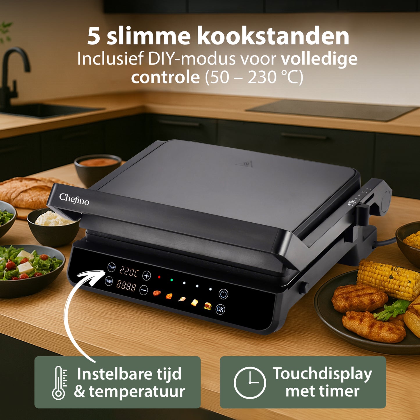 Chefino Contactgrill XL 2000W – PFAS-vrij – Uitneembare Platen – 180°
