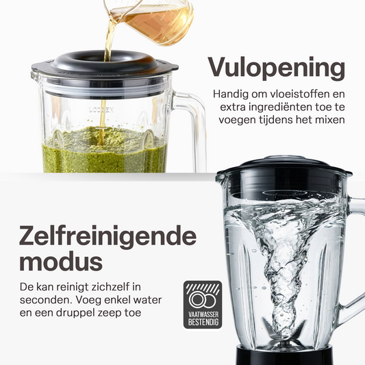 Chefino Blender 1400W – Krachtige Smoothie Blender met Glazen Kan 1,5L – Inclusief 700 ml To-Go Beker – 6-Blads & 4-Blads Mes – IJscrusher – Zelfreinigend – Keukenblender voor Smoothies & Shakes