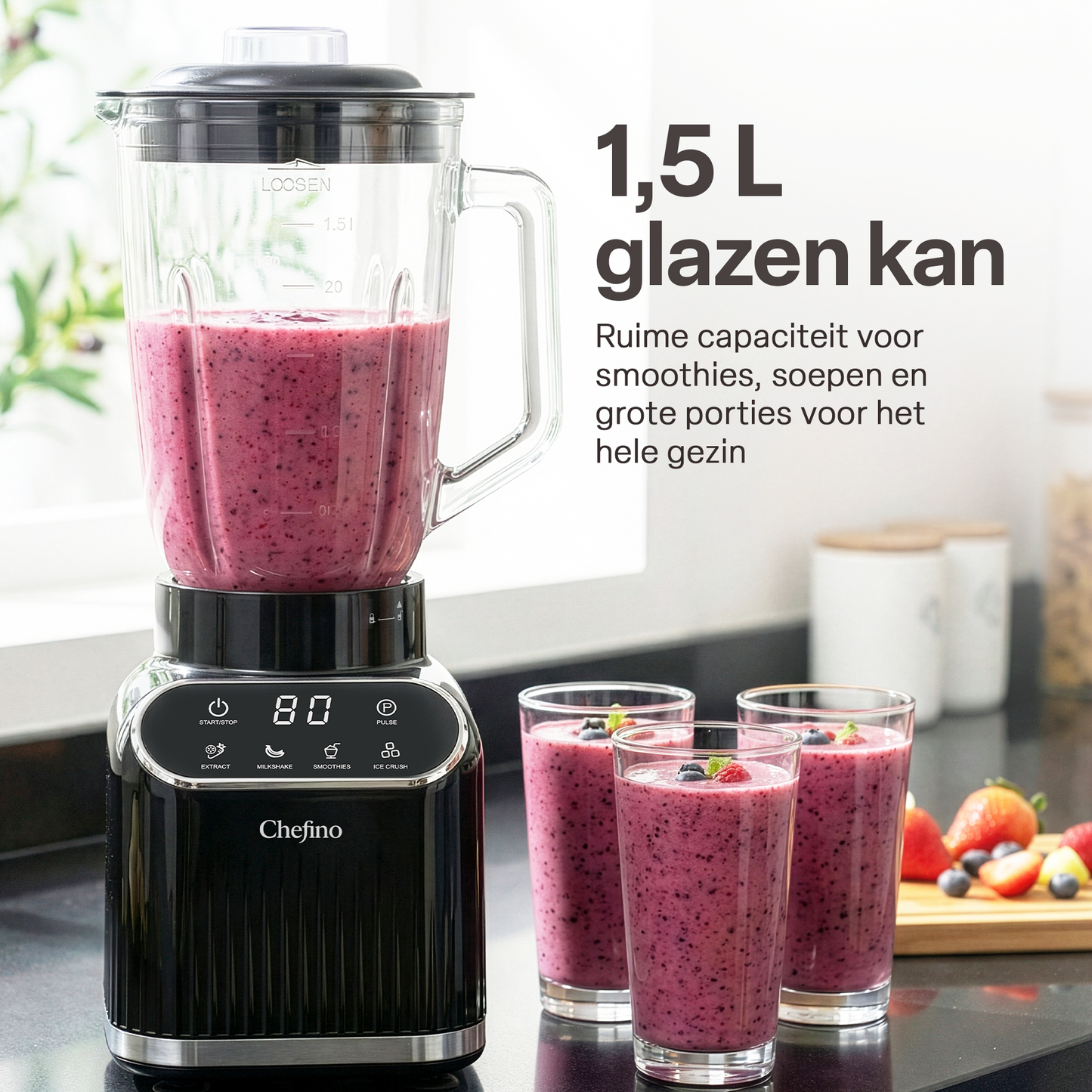Chefino Blender 1400W – 1,5L Glazen Kan – Smoothie Blender