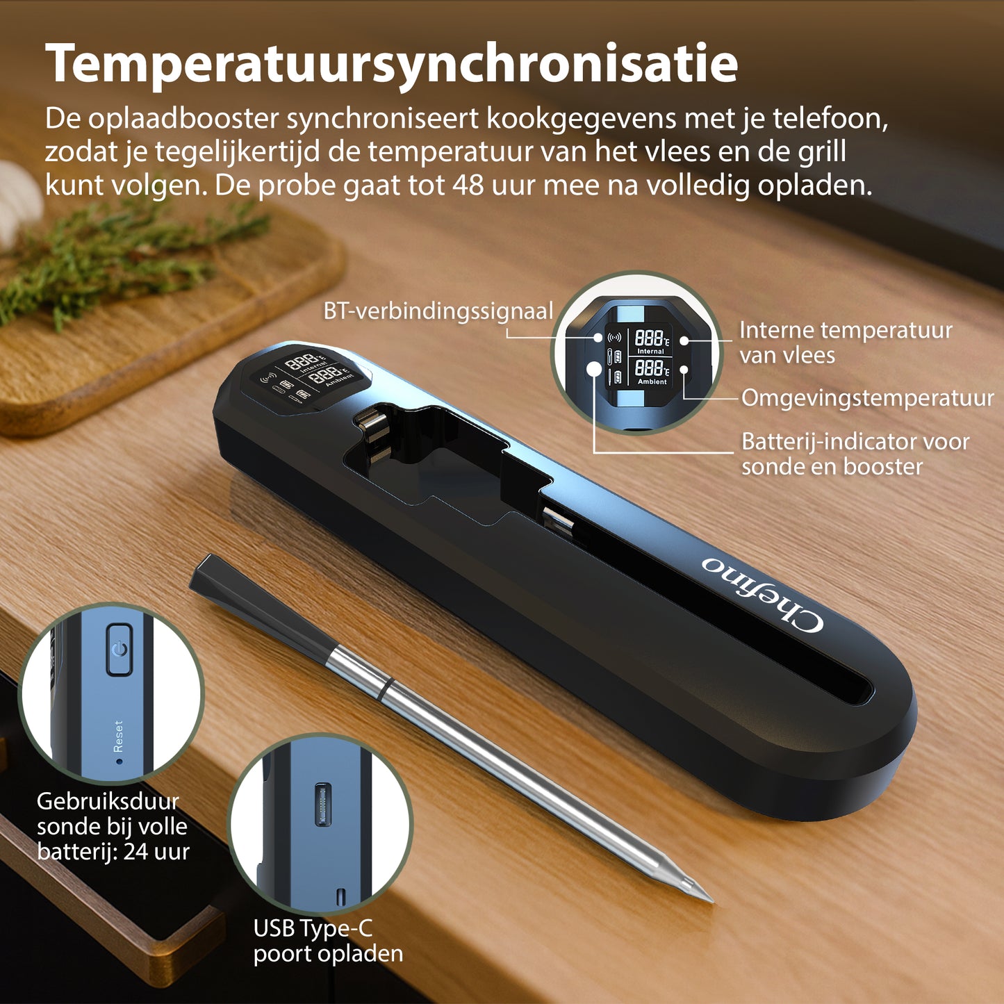 Chefino Draadloze Vleesthermometer – Bluetooth – App – 250m Bereik