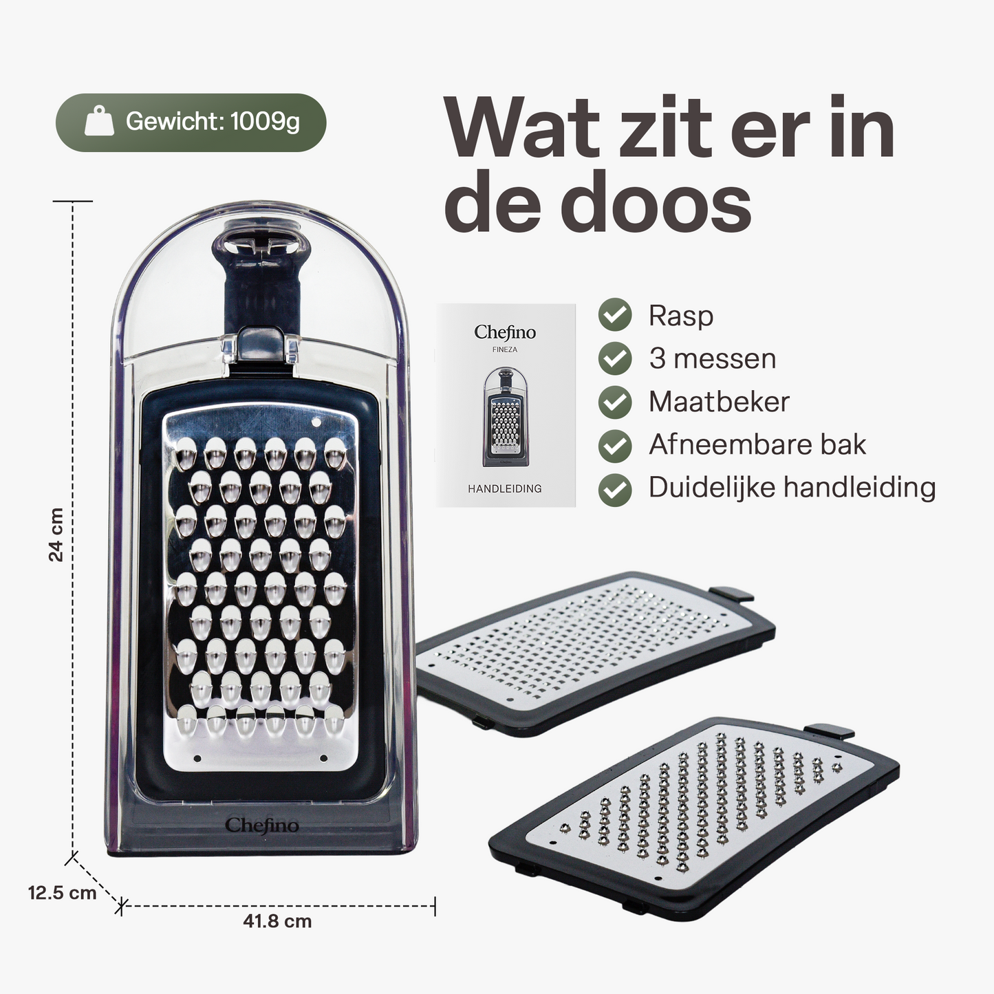 Chefino Fineza Kaasrasp RVS – Met Opvangbak – 3 Raspbladen
