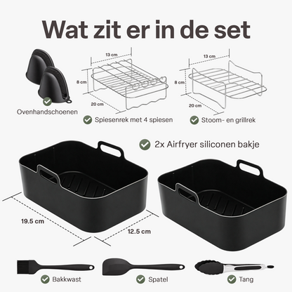 Chefino Airfryer Accessoires Set 10-delig – Dual Zone 7-10L – Siliconen & RVS
