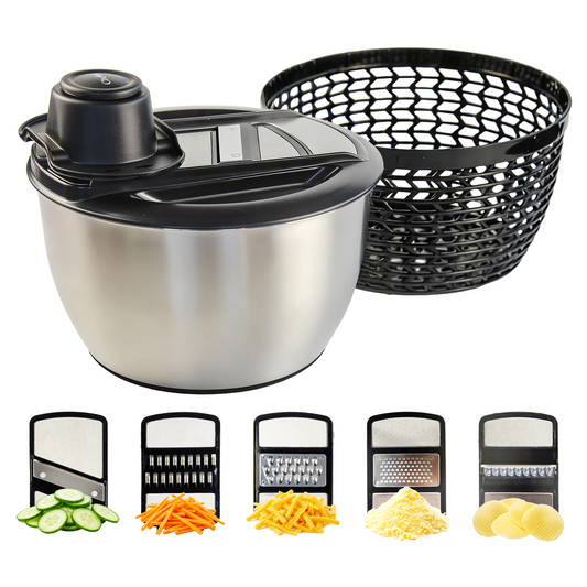 Chefino All In - Slacentrifuge RVS 5L met Snij- en Raspmessen – Salade Spinner – Sladroger – Slakom met Mandoline – Groentesnijder – Julienne Snijder – RVS Mengkom
