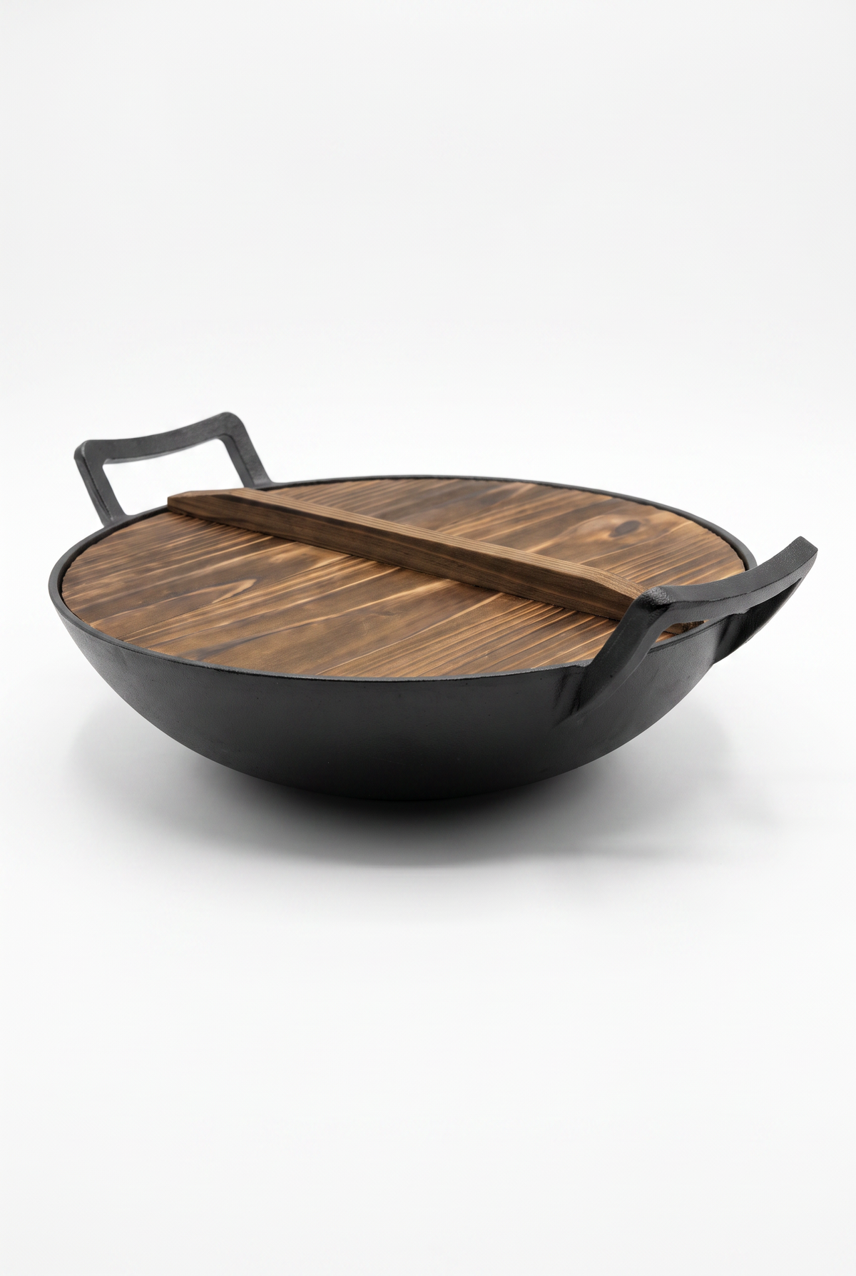 Chefino Gietijzeren Wok Ø36 cm – Houten Deksel – Pre-seasoned – Inductie