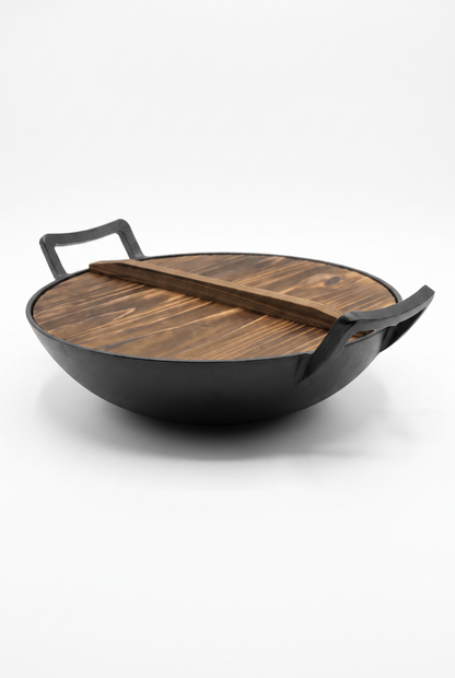 Chefino Gietijzeren Wok Ø36 cm – Houten Deksel – Pre-seasoned – Inductie