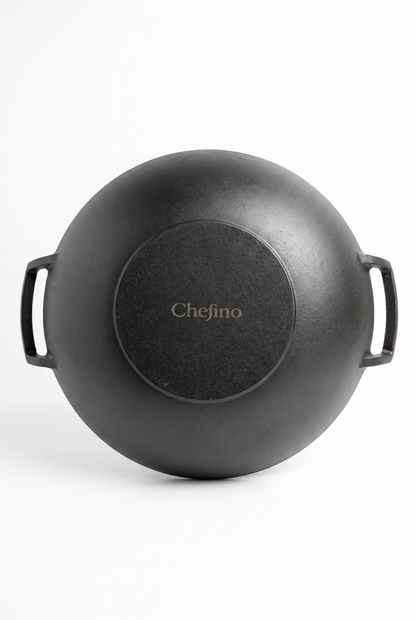 Chefino Gietijzeren Wok Ø36 cm – Houten Deksel – Pre-seasoned – Inductie