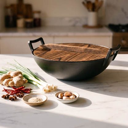 Chefino Gietijzeren Wok Ø36 cm – Houten Deksel – Pre-seasoned – Inductie