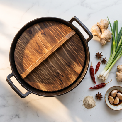 Chefino Gietijzeren Wok Ø36 cm – Houten Deksel – Pre-seasoned – Inductie