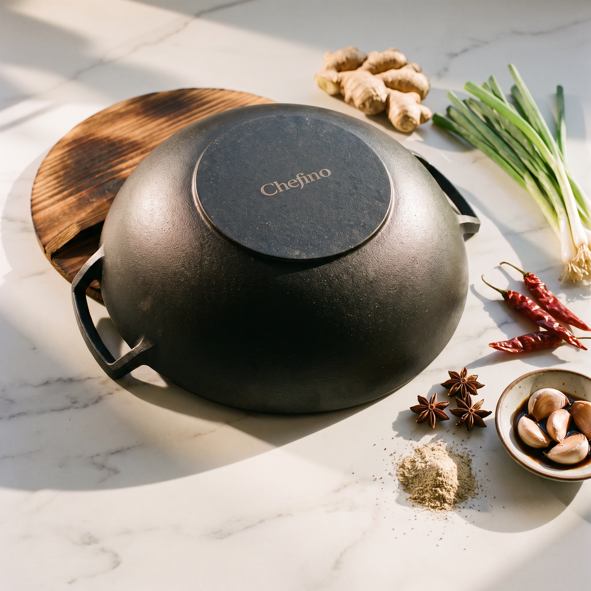 Chefino Gietijzeren Wok Ø36 cm – Houten Deksel – Pre-seasoned – Inductie
