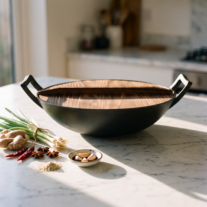 Chefino Gietijzeren Wok Ø36 cm – Houten Deksel – Pre-seasoned – Inductie