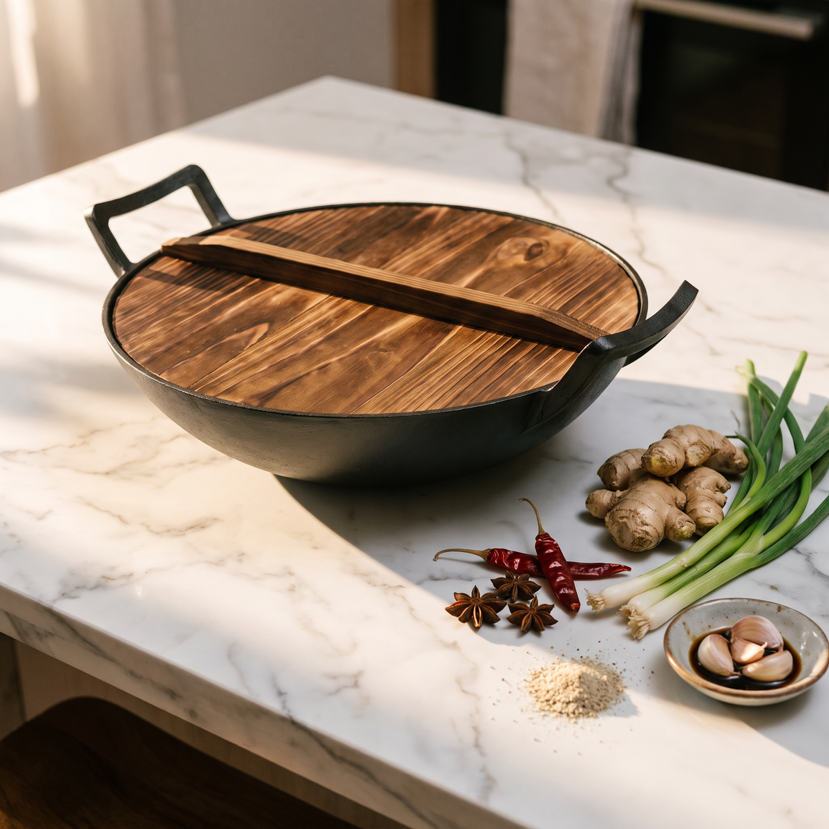 Chefino Gietijzeren Wok Ø36 cm – Houten Deksel – Pre-seasoned – Inductie
