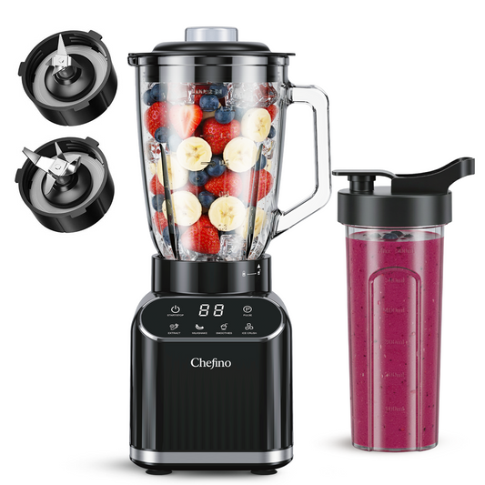 Chefino Blender 1400W – Krachtige Smoothie Blender met Glazen Kan 1,5L – Inclusief 700 ml To-Go Beker – 6-Blads & 4-Blads Mes – IJscrusher – Zelfreinigend – Keukenblender voor Smoothies & Shakes