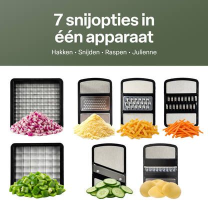 Chefino multi groentesnijder 7 snijopties in een apparaat - hakken, snijden, raspen en julienne resultaten naast elkaar