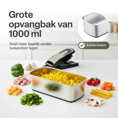 Chefino multi groentesnijder grote opvangbak van 1000 ml met antislip bodem - gevuld met gesneden groenten en kaasblokjes