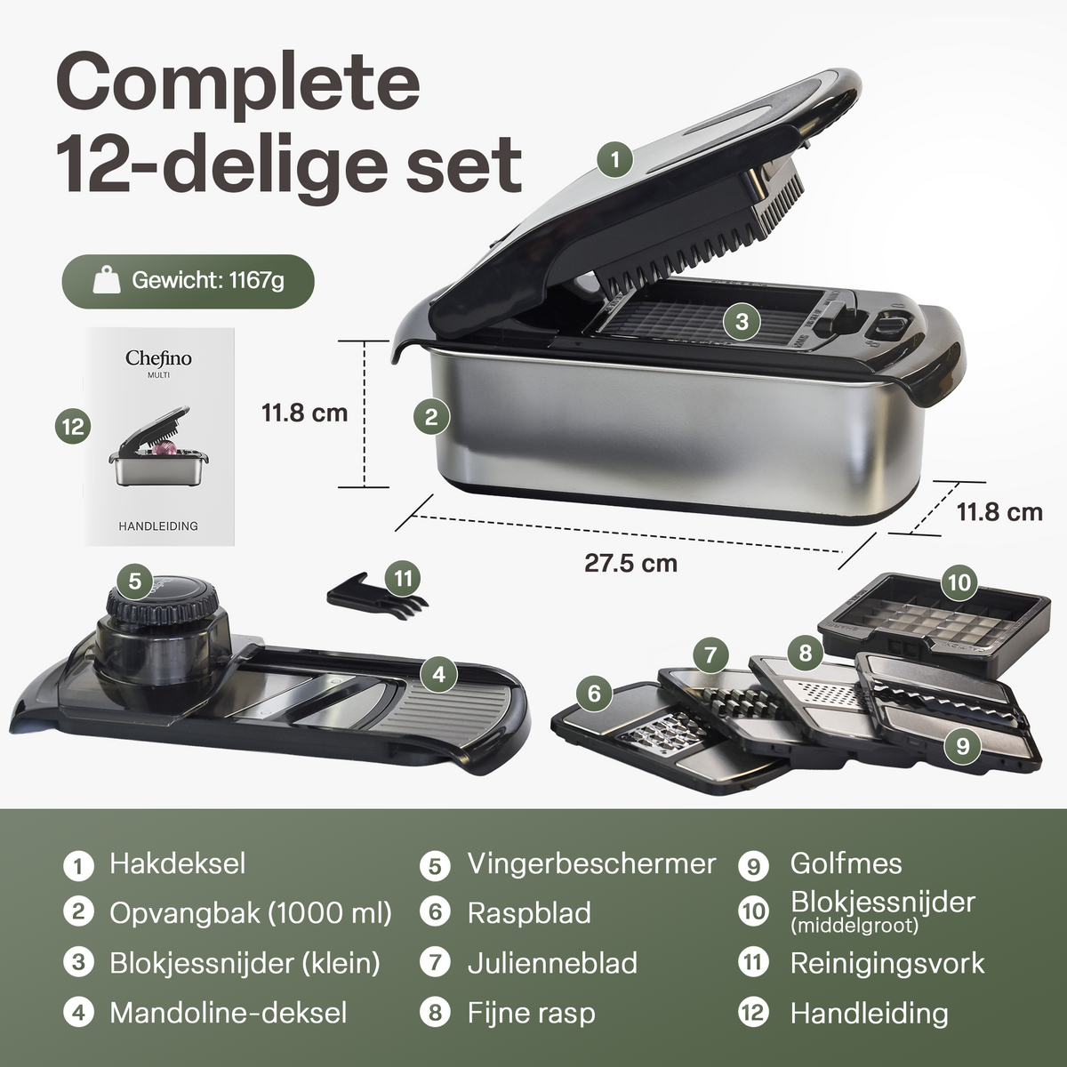 Chefino multi groentesnijder set 12-delig - infographic met alle 12 onderdelen en afmetingen 27,5 x 11,8 x 11,8 cm