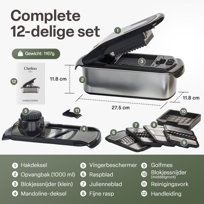 Chefino multi groentesnijder set 12-delig - infographic met alle 12 onderdelen en afmetingen 27,5 x 11,8 x 11,8 cm