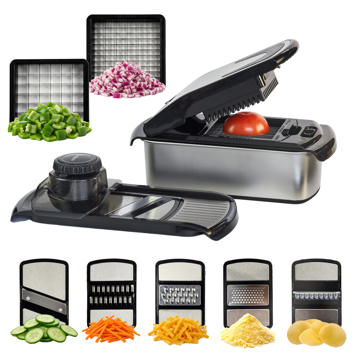 Chefino multi groentesnijder set 12-delig - compleet overzicht met opvangbak, snijopzetstukken en mandoline slicer