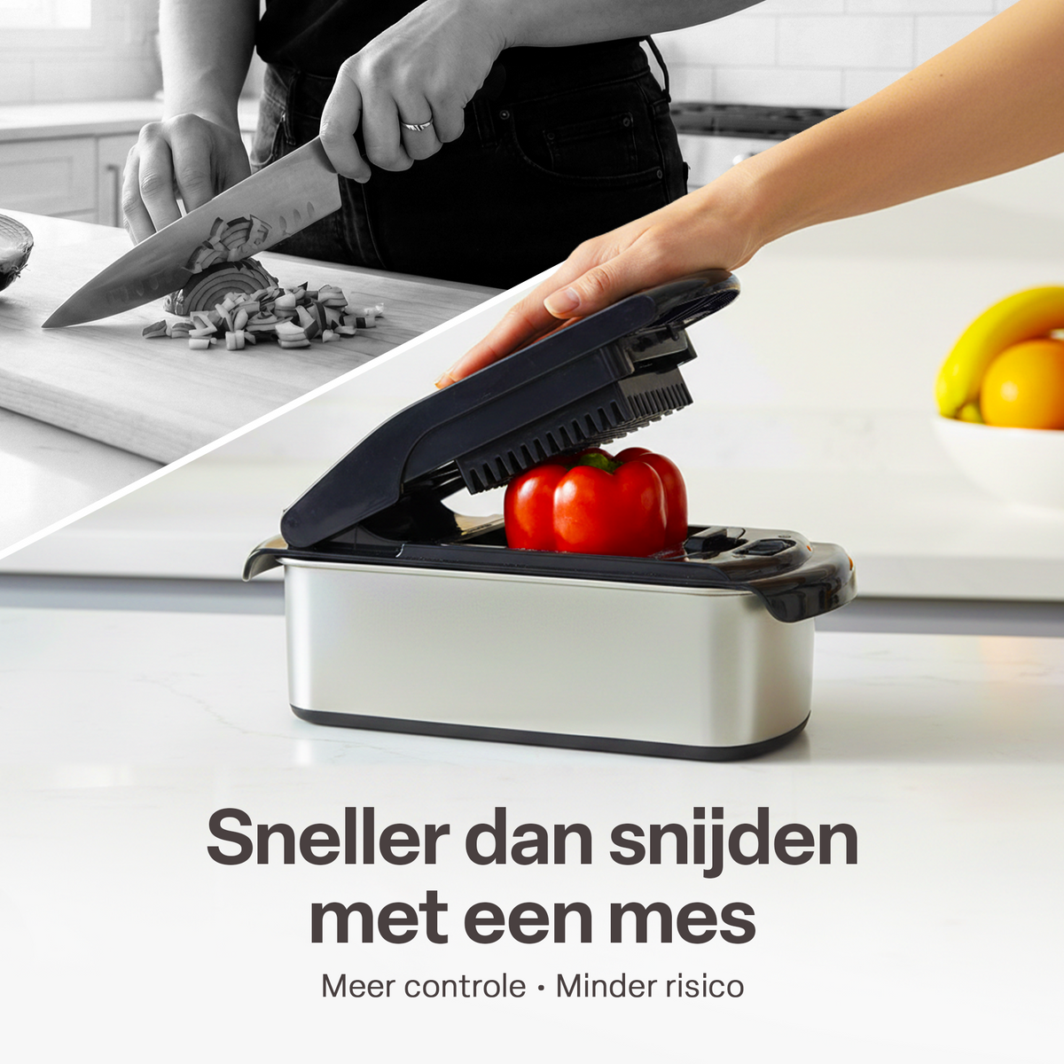 Chefino multi groentesnijder sneller dan snijden met een mes - vergelijking tussen traditioneel snijden en de mandoline snijder